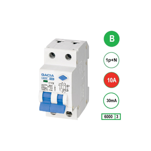 [DGR 00214] GACIA™ Aardlekautomaat B 10A, 30mA, 1 P+N 6KA