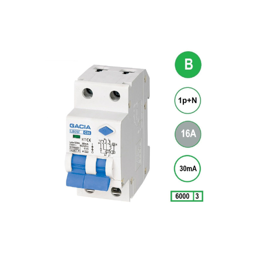 [DGR 00215] GACIA™ Aardlekautomaat B 16A, 30mA, 1 P+N 6KA