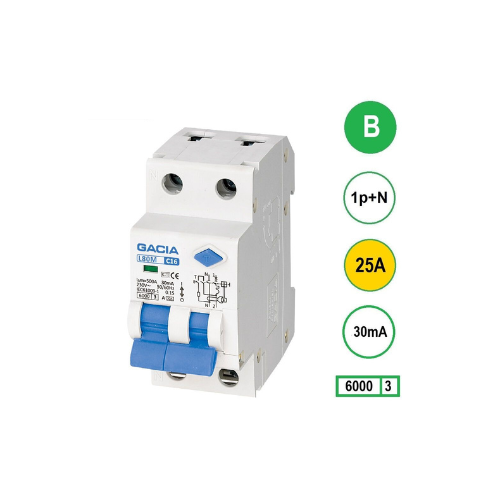 [DGR 00216] GACIA™ Aardlekautomaat B 25A, 30mA, 1 P+N 6KA